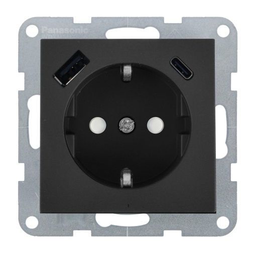 Priza simpla cu impamantare, protectie copii, USB A+C, 16A, IP20, Grafit, Panasonic Karre Plus 55