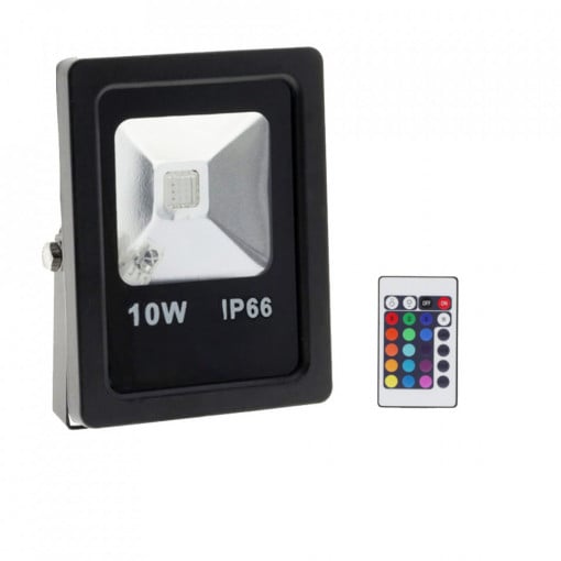 Reflector led RGB 10W cu telecomanda, 800lm, IP66, 95-265V, Negru, Optonica