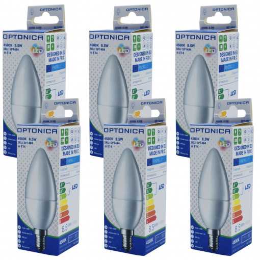 Set 6 becuri led E14, lumanare, 8.5W (54 W),800lm, lumina alba naturala, Optonica