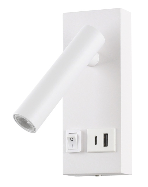 Spot LED de perete Optonica WL2-A6, 2W, 3000K, cu intrerupator si USB, alb, IP20