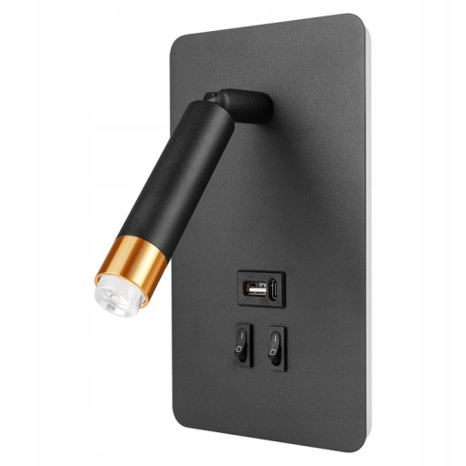 Aplica de perete Piero G9, USB A+C, 2 intrerupatoare, neagra/aurie, Masterled