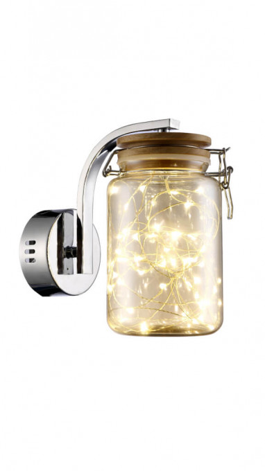 Aplica LED JAR AP1, metal, sticla, lemn, crom , ambra, 1 bec, 5W, 100 lm, lumina calda (3200K), 141008, Klausen