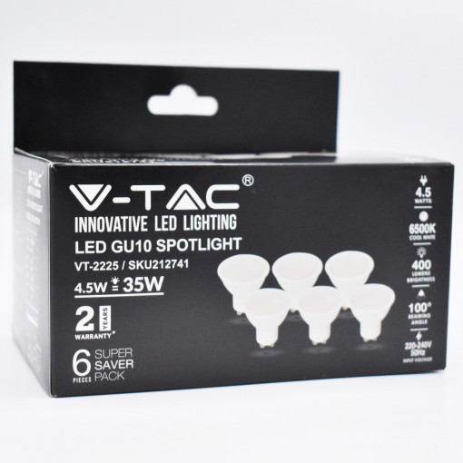 Bec LED 4.5W(35W) V-TAC, GU10, 400 lm, lumina rece (6500K), clasa energetica F