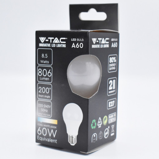 Bec LED 8.5W (60W), E27, A60, 806 lm, lumina rece (6500K), opal, V-TAC