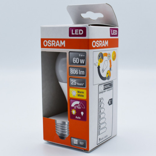 Bec led cu senzor de miscare 9W (60W), E27, A60, 806lm, lumina calda (2700K), opal, Osram