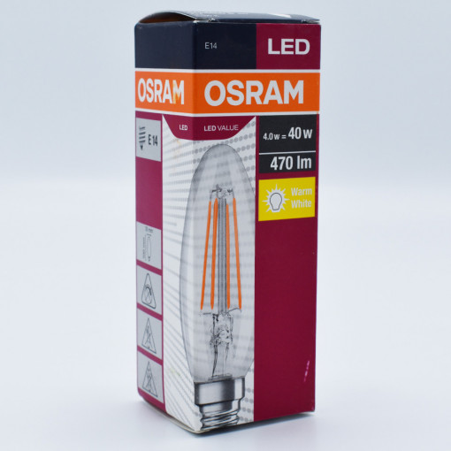 Bec led lumanare Vintage filament 4W (40W), E14, B40, 470 lm, lumina calda (2700K), clar, Osram