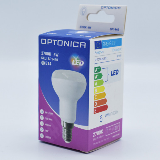 Bec LED R50 Optonica, 6W(48W), E14, 450 lm, lumina calda (2700K), clasa energetica G