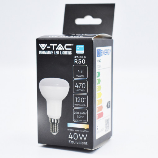 Bec LED V-TAC, 4.8W(40W), R50, E14, 470 lm, lumina calda (3000K), opal, clasa energetica F