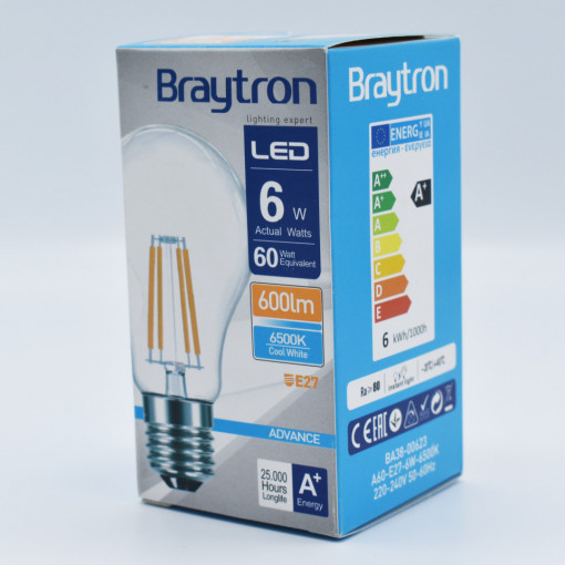 Bec led Vintage 6W (60W) Braytron, A60, E27, 600lm, lumina rece (6500K), clasa energetica F