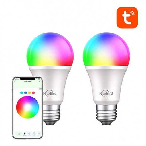 Set 2 becuri LED Smart RGB, E27, 8W(100W), 800 lm, dimabile, Wi-Fi, compatibile Alexa, Google, iOS/Android, clasa energetica F