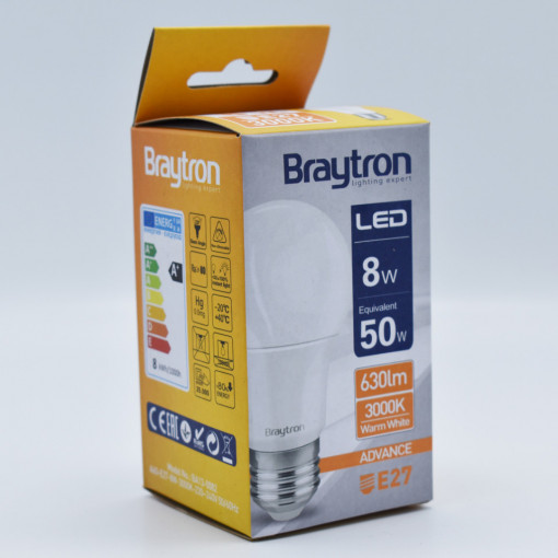 Bec LED 8W(50W) Braytron, A60, E27, 630 lm, lumina calda (3000 K), clasa energetica F