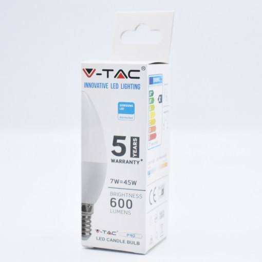 Bec LED lumanare 7W(45W) V-TAC, cip Samsung, E14, C37, 600 lm, lumina rece (6400K), clasa energetica F
