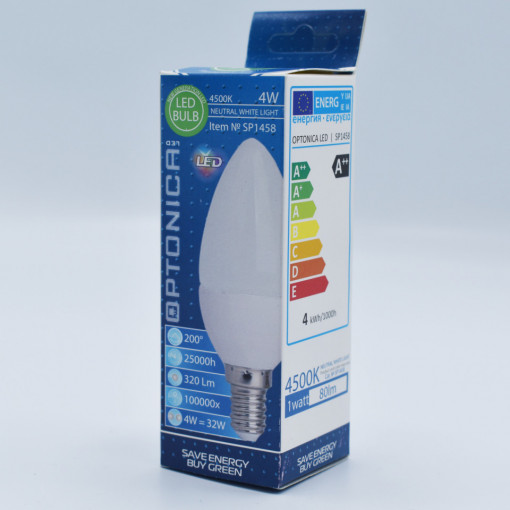 Bec LED lumanare Optonica, 4W(24W), E14, 320 lm, lumina neutra (4500K), clasa energetica G