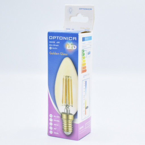 Bec LED lumanare Vintage 4W(27W) Optonica, E14, C37, 400 lm, lumina calda (2500K), clasa energetica F