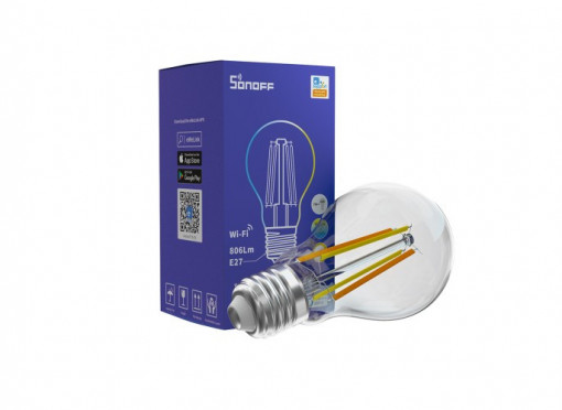 Bec LED Smart Vintage Sonoff, A60, E27, 7W(60W), 806 lm, Wi-Fi, lumina 2700K–6500K, compatibil Google/Alexa/Siri, clasa energetica F