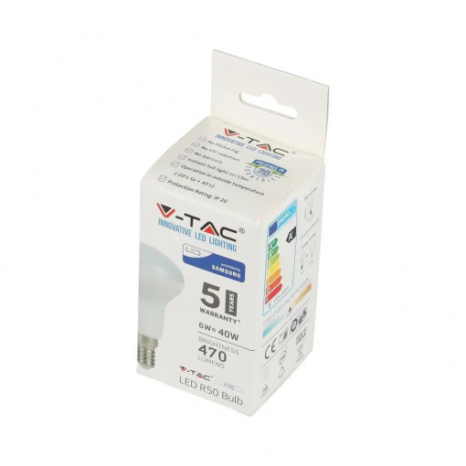 Bec LED V-TAC, cip Samsung, 6W(40W), R50, E14, 470 lm, lumina calda (2700K), clasa energetica F