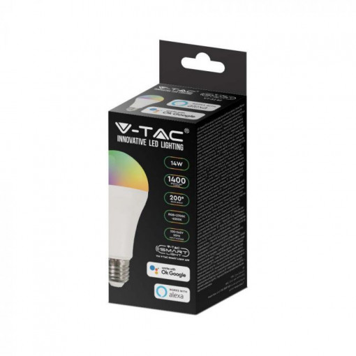 Bec Smart LED 14W V-TAC, RGB+CCT(2700-6500K), dulie E27, compatibil Alexa/Google