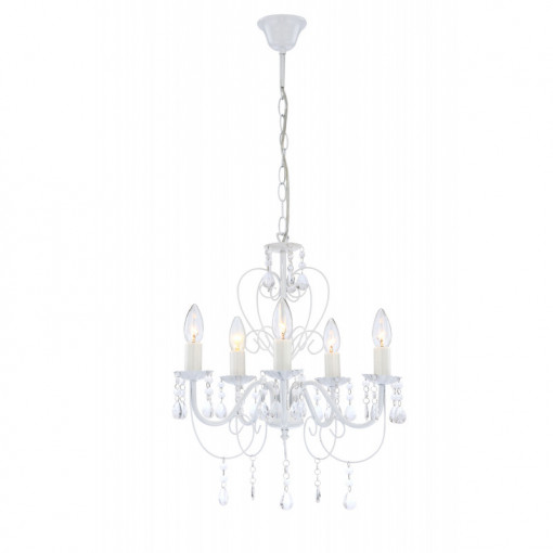 Candelabru metalic alb, cristale, 5 becuri, dulie E14, 63126-5, Globo