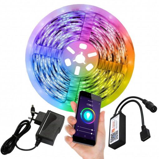 Kit Banda LED 5050 RGB, Smart WIFI, 5 metri(1x5m), control prin telefon, Tuya Smart,schimbare culori pe muzica, timer, control vocal