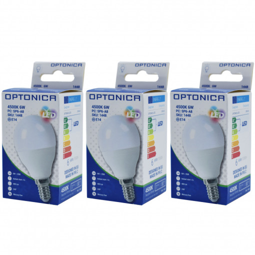 Set 3 becuri led E14, sferice, 6W (40 W), 4500K, 480 lm, lumina alba naturala, Optonica