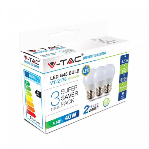 Set 3 becuri led E27, 5.5W (40W), lumina naturala (4000K), 400 lm, V-TAC [1]- savelectro.ro