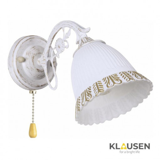 Aplica Merida, 1 bec, dulie E27, cu intrerupator, alba, aurie, metal, sticla, lemn, Klausen [1]- savelectro.ro