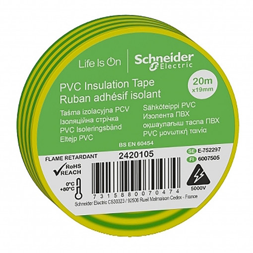 Banda izolatoare PVC, 20m x19mm, 5000V, 0-80C, galben-verde, Schneider