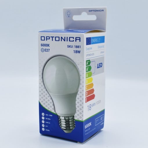 Bec led 18W (108W), E27, A65, 1440 lm, lumina rece (6000K), opal, Optonica