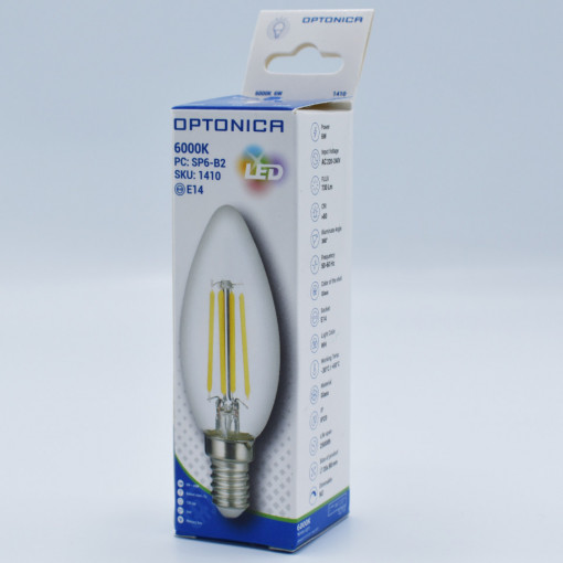 Bec LED lumanare Vintage filament Optonica, 6W(49W), E14, C37, 730 lm, lumina rece (6000K), clasa energetica E