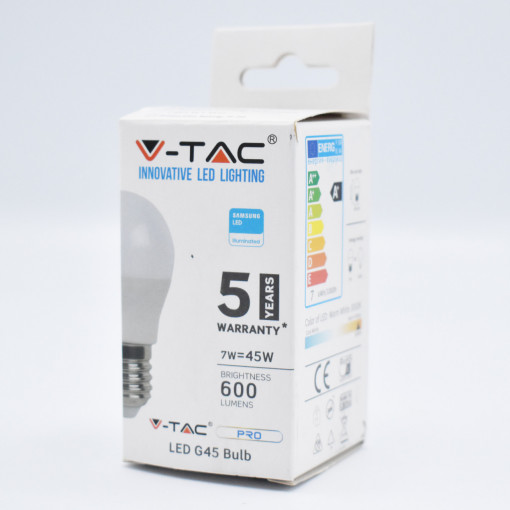 Bec LED sferic V-TAC, 7W(45W), cip Samsung, E27 G45, 600 lm, lumina calda (3000K), opal, clasa energetica F