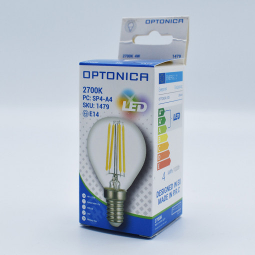 Bec LED sferic Vintage filament 4W(32W) Optonica, G45, E14, 400 lm, lumina calda (2700K), clasa energetica F