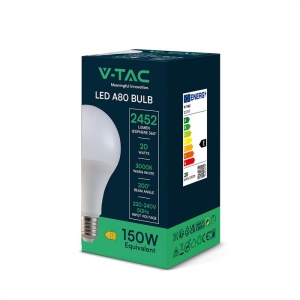 Bec LED 20W (150W) V-TAC, E27, A80, 2452 lm, lumina calda (3000K), clasa energetica E [4]- savelectro.ro