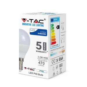 Bec LED 5.5W (40W) V-TAC, P45, E14, 470 lm, lumina calda (3000K), cip Samsung , clasa energetica G [6]- savelectro.ro