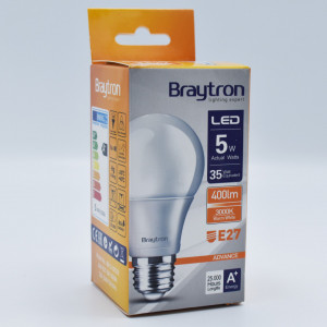 Bec led 5W (35W), E27, A60, 400 lm, lumina calda (3000K), opal, Braytron