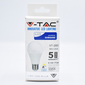 Bec LED chip Samsung, 8.5W (75W), E27, A60, 1055 lm, lumina rece (6400K), opal V-TAC