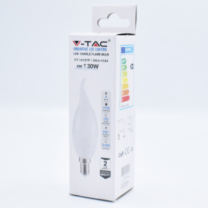 Bec LED flacara 4W (30W), E14, C37T, 320 lm, lumina calda (2700K), opal, V-TAC