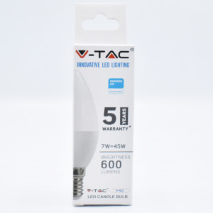 Bec LED lumanare 7W (45W) cip Samsung, E14, C37, 600 lm, lumina rece (6400K), opal, V-TAC