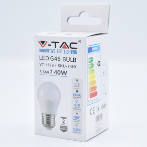Bec led sferic 5.5W (40W), E27, G45, 470 lm, lumina rece (6400K), opal, V-TAC