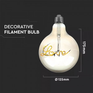 Bec LED Vintage filament Love V-TAC, 5W(30W), E27, G125, 70 lm, lumina calda (2200K), clasa energetica G [3]- savelectro.ro