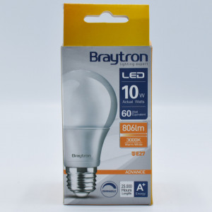 Bec led 10W (60W), E27, A60, 806 lm, dimabil, lumina calda (3000K), opal, Braytron
