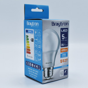 Bec led 5W (35W) Braytron, A60, E27, 400lm, lumina rece (6500K), clasa energetica F