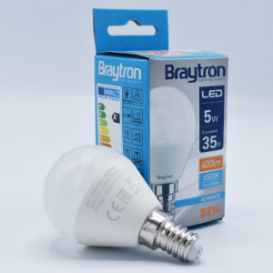 Bec led sferic 5W (35W), E14, P45, 400lm, lumina rece (6500K), opal, Braytron