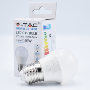 Bec led sferic 5.5W (40W), E27, G45, 470 lm, lumina rece (6400K), opal, V-TAC