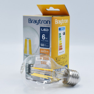 Bec led Vintage filament 6W (50W), E27, A60, 660lm, lumina calda (2700K), clar, Braytron