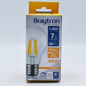 Bec led Vintage filament 7W (60W), E27, A60, 806lm, dimabil, lumina calda (2700K), clar, Braytron