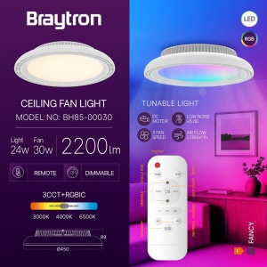 Plafoniera LED cu ventilator, Braytron, 24W+30W, RGB+lumina calda/neutra/rece, alba, telecomanda [2]- savelectro.ro
