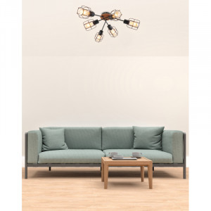 Plafoniera metal negru/imitatie lemn maro, abajur gratii metal negru, 6 becuri, dulie E27, 54037-6D, Globo [2]- savelectro.ro