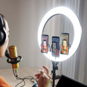 Selfie ring light LED cu 3 suporti de telefon, Dimabil, 55W, 6000 lm, diametru 440 mm, temperatura de culoare ajustabila(3200K-5800K), V-TAC [3]- savelectro.ro
