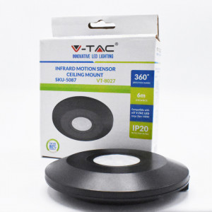 Senzor de miscare cu infrarosu pentru tavan, slim, aplicat, detectie 360 grade, negru, V-TAC