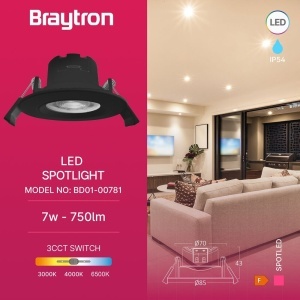 Spot LED incastrat 7W, lumina calda/neutra/rece, IP54, 750 lm, negru, Braytron [3]- savelectro.ro